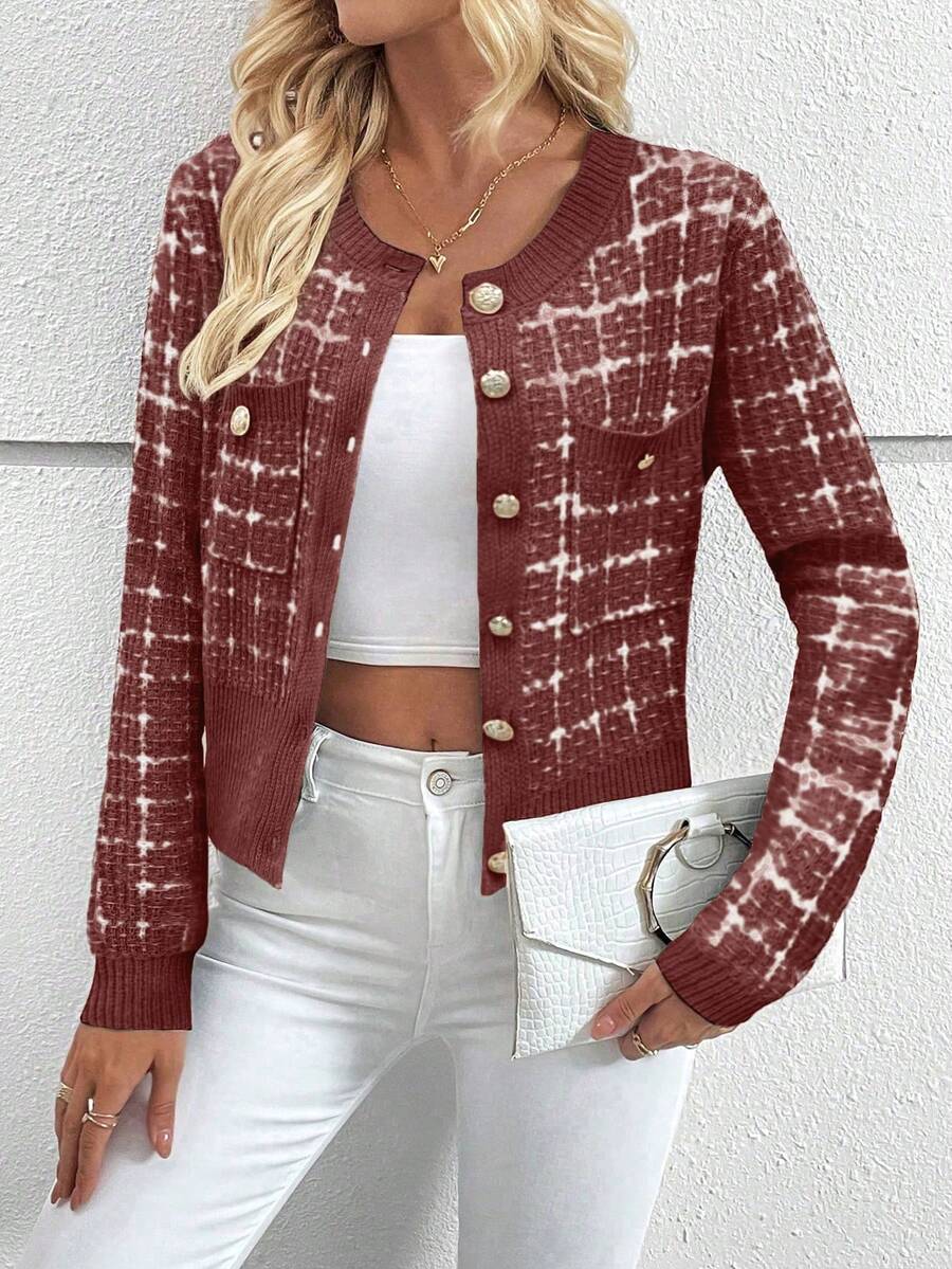 EMERY ROSE Women's Elegant Plaid Pattern Contrast Trim Button-Up Cardigan, Suitable For Work Commute, Autumn - Rust Brown - View 1