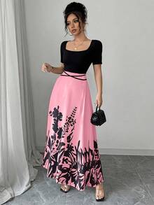 Rafferiza Đầm tay ngắn in họa tiết kiểu qipao thắt eo thanh lịch dành cho nữ - Hồng - Xem 5