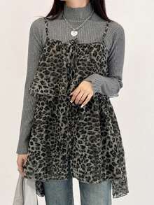 FRIFUL 女士时尚休闲豹纹不对称下摆吊带背心 - 灰色 - 查看 5