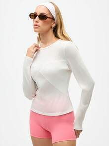 Eassivo Eassivo 女式纯色圆领长袖休闲健身运动T恤 - 白色 - 查看 4