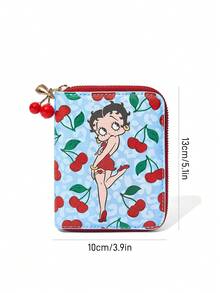 Betty Boop x SHEIN 1 件可爱卡通性感豹纹樱桃印花拉链 PU 皮革短钱包，风琴式隔层，卡位收纳，适合女性，俏皮可爱，送礼佳品，派对、节日、情人节适用 - 彩色 - 查看 7