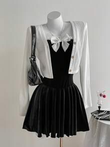 Elamini Bộ đồ hai mảnh váy ngắn chữ A hở lưng phối ren nơ nhung đen kèm áo khoác cardigan dệt kim ngắn hai mảnh, thời trang thu đông cho nữ, phong cách tối giản, đa năng, thanh lịch, cổ điển, trang phục thường ngày cho tiệc tùng - màu đen - Xem 6