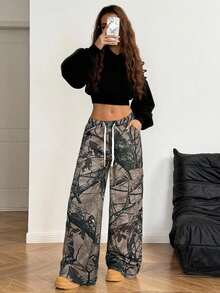 SHEIN Jeans ampi e larghi con vita bassa, stampa leopardata e mimetica, stile casual college americano Y2K per ragazze adolescenti, con fiocco e coulisse in vita, adatti per autunno/inverno, streetwear, rientro a scuola, ritorno a casa, Natale, Ognissanti, pantaloni leopardati - Verde militare - Visualizzare 4