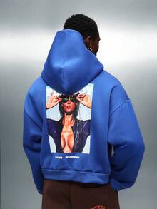 PLAYBOY X SUMWON Crop Fit Oversized Pullover Hoodie With Graphic Print And Centre Pocket - Blue - View 2
