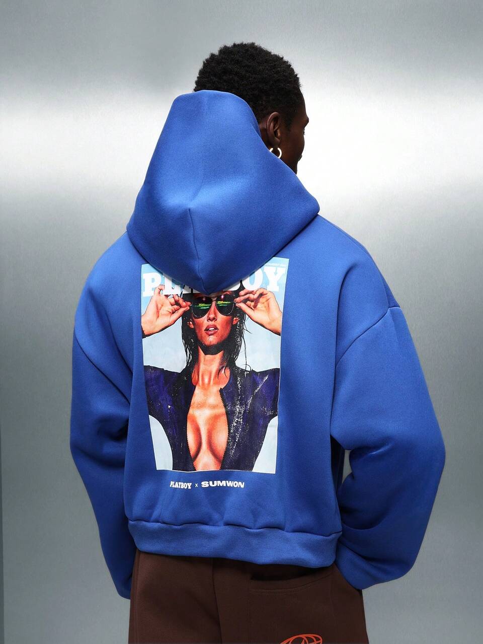 PLAYBOY X SUMWON Crop Fit Oversized Pullover Hoodie With Graphic Print And Centre Pocket