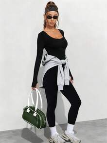 Dewbera 1 buah Jumpsuit/Romper Tanpa Jahitan Warna Hitam Dasar dengan Desain Bergaris, Menyerap Keringat, Cocok untuk Olahraga, Kebugaran, dan Yoga - Hitam - View 7
