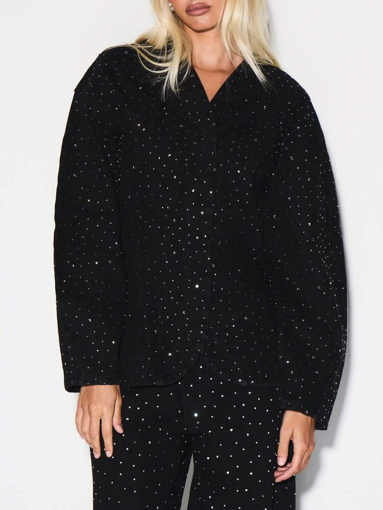 KIZN Balloon Sleeve Hotfix Denim Jacket With Silver Studs