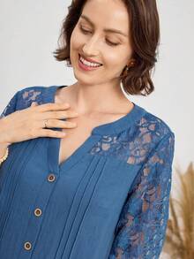 Miaspire 女式 V 领撞色蕾丝灯笼袖单排扣优雅中长连衣裙 - 藍色 - 查看 6