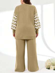 SHEIN Cottnline Striped Color Block Sweater And Pants Two Pieces Set - Beige - View 2
