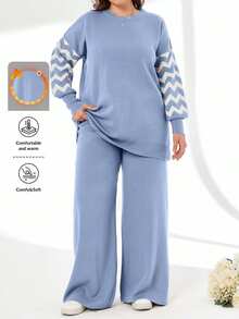 SHEIN Cottnline Striped Color Block Sweater And Pants Two Pieces Set - Baby Blue - View 1