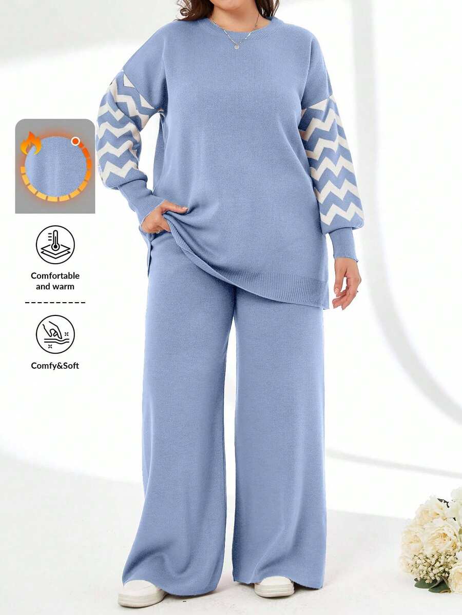 SHEIN Cottnline Striped Color Block Sweater And Pants Two Pieces Set - Baby Blue - View 1