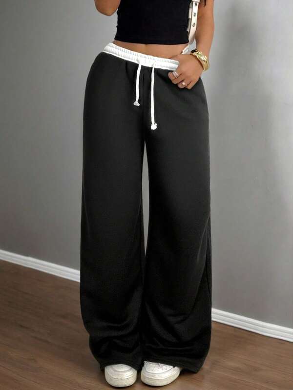 Teen Girls Casual Loose Fit Low Waist Elastic Waistband Wide Leg Sweatpants, Versatile For Spring, Summer, Autumn, Winter Fall Suitable For Autumn/Winter Daily Wear,Street Style, Home Cozy Fall & Winter Styles Comfy Pants Suitable For New Year, Daily, Celebration, Autumn & Winter Outfits For Easy Comfort, Autumn & Winter Layers For Girls, Stylish Girls
