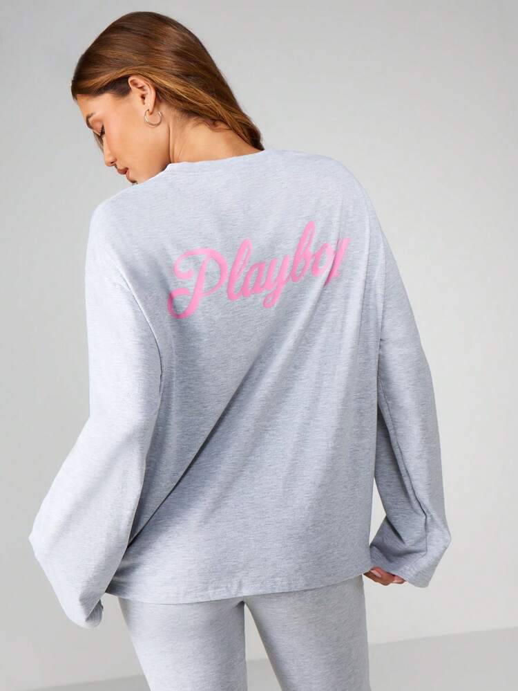 Missguided x Playboy Oversized Long Sleeve Graphic Tee With Cursive Script Print For Women