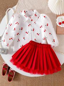 Souflis Souflis Camisa de manga farol con estampado de cerezas y falda plisada para niña - Blanco - Ver 6