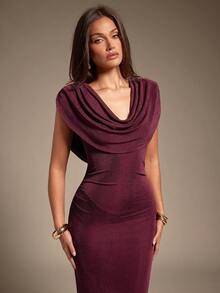 Hauture 女式性感夜场前后围脖领大胆肩部褶饰酒红色连衣裙 - 酒紅色 - 查看 4