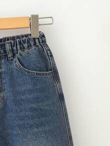 Mirajuku Tween Boys Vintage Washed Jeans-Relaxed Fit, Straight Leg, Slim Tapered Mid-Rise, Stretchy Denim, Casual, Suitable For School, Commute, Parties, Home - Dark Wash - View 9