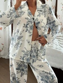 CottageSlumber Bộ đồ ngủ dài tay họa tiết hoa lãng mạn dành cho nữ và quần dài, trang phục thu đông - Nhiều màu - Xem 4