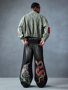 ROMWE MEN Anime Quần jean ống rộng dáng rộng thêu rồng Trung Quốc cho nam - màu đen - Xem 12