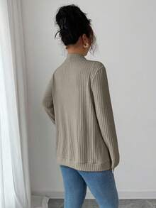 SHEIN PETITE 女式休闲罗纹羊毛开前侧口袋短款轻便夹克 - 灰色 - 查看 2