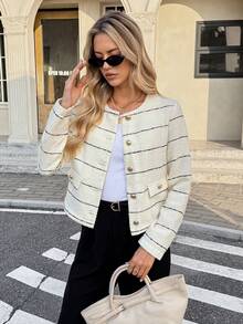 SHEIN Frenchy 黑白條紋秋季優雅辦公百搭長袖羊毛混紡女款大衣，適合通勤，冬季新年穿搭 - 黑與白 - 查看 4