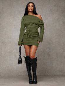 SHEIN BAE 女式纯色蝙蝠袖褶饰时尚迷你连衣裙 - 軍綠色 - 查看 4