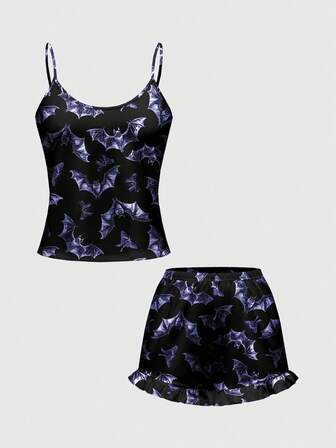 Goth Gothic Fledermaus Muster Trägerhemd & Shorts Pyjama Set, Lässige Loungewear