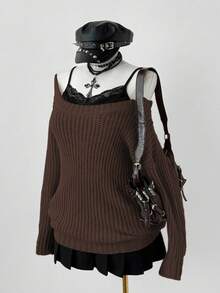 Sunspun Oversized Cozy Willow Striped Texture Apricot Crew Neck Pullover Sweater, Autumn/Winter - Coffee Brown - View 4