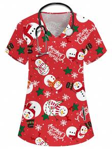 PopScrub Áo đồng phục y tá/bác sĩ in họa tiết hoạt hình cổ chữ V, túi đôi dễ thương hình ông già Noel, ngôi sao, bông tuyết, mũ ông già Noel, áo đồng phục y tá/bác sĩ/khám phẫu thuật/áo đồng phục chăm sóc thú cưng màu trơn/áo phẫu thuật tay ngắn/áo khoác phòng thí nghiệm có nhiều túi, trang phục ngày lễ tiện dụng cho nữ, áo cánh Giáng sinh, đồ trang trí Giáng sinh, đáng yêu, vui tươi - Đỏ - Xem 1