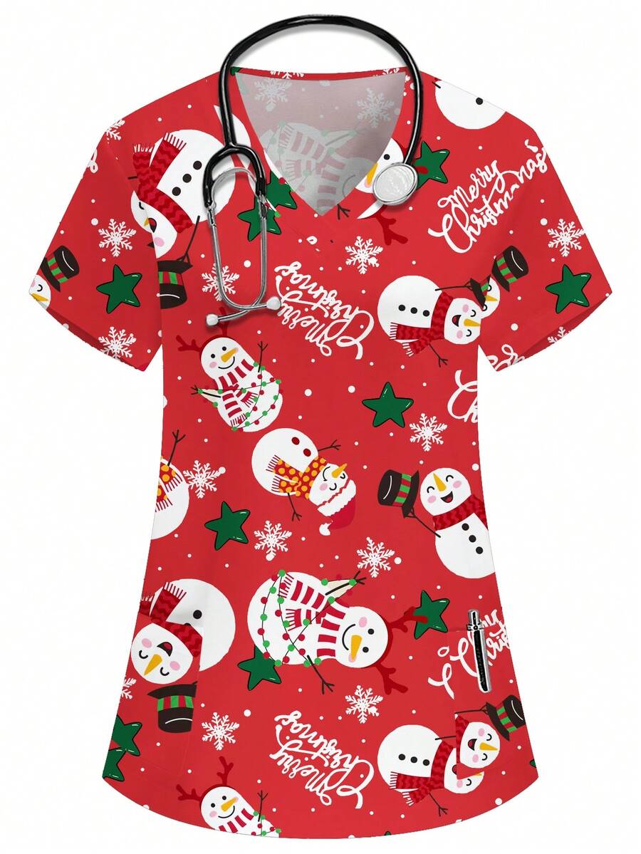PopScrub Áo đồng phục y tá/bác sĩ in họa tiết hoạt hình cổ chữ V, túi đôi dễ thương hình ông già Noel, ngôi sao, bông tuyết, mũ ông già Noel, áo đồng phục y tá/bác sĩ/khám phẫu thuật/áo đồng phục chăm sóc thú cưng màu trơn/áo phẫu thuật tay ngắn/áo khoác phòng thí nghiệm có nhiều túi, trang phục ngày lễ tiện dụng cho nữ, áo cánh Giáng sinh, đồ trang trí Giáng sinh, đáng yêu, vui tươi - Đỏ - Xem 1