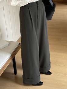 DAZY Women's Loose Wide Leg Pants With Cuffed Hem, Casual & Formal, Autumn/Winter - Grey - View 1