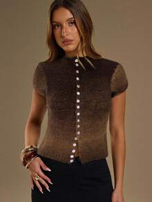SHEIN BAE Damen Stehkragen Einreiher Lässig Regular Strickoberteil Herbst Winter Kleidung für Frauen - Kaffeebraun - Übersicht 1