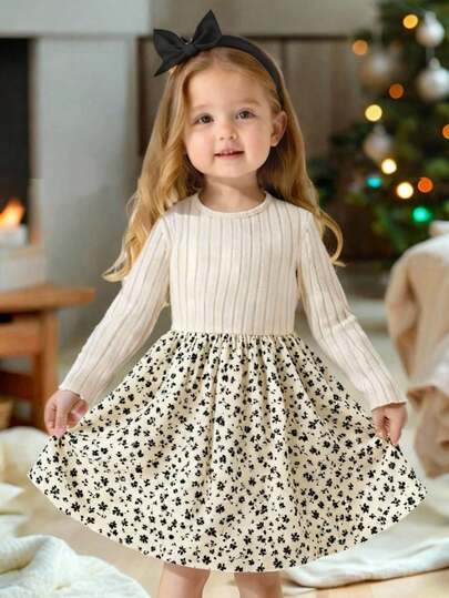 SHEIN Lässiges, süßes, gestricktes, strukturiertes Patchwork-Kleid mit Blumenmuster und langen Ärmeln für Baby Mädchens und Kleinkinder, Blumenkleid, topaktuelles Modedesign, kann drinnen und draußen getragen werden, warm und stilvoll, einfacher Stil, geeignet für drinnen und draußen im Herbst und Winter, für den täglichen Gebrauch, Sport, Spielen, Partys, Fotos, Urlaub, Feiertage, kaufen Sie zwei und erhalten Sie eins gratis, erschwinglich und vielseitig