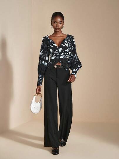 JIAN LASALA Camicetta donna casual a maniche lunghe con scollo a V profondo, con bottoni davanti e vita stretta, stampa all-over, collezione di abbigliamento autunnale di lusso e di stile