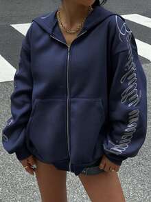 SHEIN EZwear Autumn Women's Navy Blue Hooded Zipper Long Sleeve Letter Embroidery Design Casual Sweatshirt, Long Sleeve Top Graduation, Back To School Clothing, Graduation, Women's Teacher Clothing, Autumn And Winter Back To School