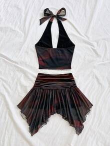 Soleia Women's 2-Piece Set, Casual Vacation Western Beach Wedding Guest Attire, Back To School, Graduation, Brunch, St. Patrick's Day, Spring Break, Easter, Music Festival, Elegant Bohemian Tropical Halter Tie Asymmetric Hem Brown Print, Autumn/Winter