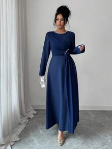 Rafferiza 优雅优雅宴会圆领长袖收腰A字珍珠装饰雪纺透视连衣裙，秋冬