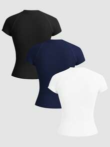 Gameset SHEIN Sport 极简纯色修身无缝短袖运动T恤 3件装 修身上衣 - 彩色 - 查看 2