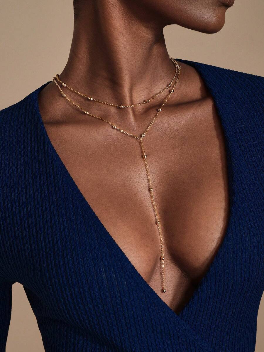 JIAN LASALA Personality Simple Beaded & Geometric Pendant Necklace - Gold - View 1