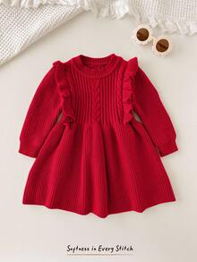 Cozy Pixies 女婴圣诞节纯色圆领荷叶边下摆长袖腰部修身针织毛衣裙秋冬装女士