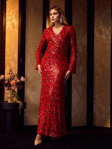 MOTF PREMIUM Váy xếp ly eo sequin họa tiết nàng tiên cá, mùa thu/đông - Đỏ - Xem 5