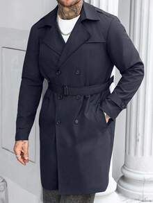 Manfinity Mode 男士街头风黑色纯色防戬面料双排扣翻领宽松长袖风衣，休闲百搭风衣，男友老公周年纪念礼物 - 藏蓝色 - 查看 5