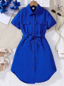 Tween Girl Flap Detail Button Front Belted Shirt Dress - Royal Blue - View 4