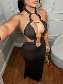 SHEIN SXY 性感夜店镂空咖啡棕色连衣裙 - 咖啡棕 - 查看 1