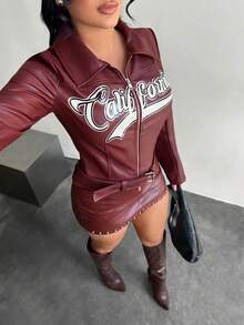 SHEIN SXY Burgunderrote Jacke mit Buchstaben-Muster, figurbetont, mit Reißverschluss, Herbst-Winter-Kleidung für Frauen