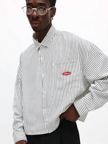 SUMWON 短款长袖条纹纽扣衬衫，翻领设计，适合休闲办公穿着，纯色 - 杏色 - 查看 6