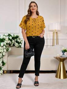 Reflora Plus Size Women Heart Ruffle Trim Tie Neck Summer Blouse - Yellow - View 4