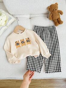 LMoss Kids 2pcs Baby Girl Knitted Solid Color Cute Pattern Crew Neck Sweatshirt And Plaid Pants Set - Black - View 7