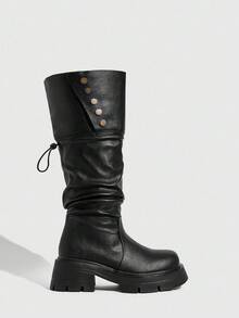 Daringsoles 厚底厚底及膝靴，弹力靴，圆头粗跟时尚靴，百搭女靴 - 黑色 - 查看 4