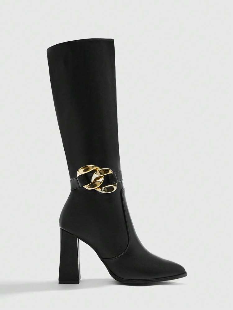 CUCCOO BIZCHIC High-Quality Commuter Buckle Black Knee-High Boots, Pointed Toe Chunky Heel Elegant Women's Boots, Fashionable Versatile New Style Long Boots, Showcasing Feminine Charm And Elegant