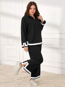EMERY ROSE Conjunto de 2 piezas de top de manga larga y pantalones con ribete de contraste, estilo casual y de oficina, talla grande, otoño - Negro - Ver 7